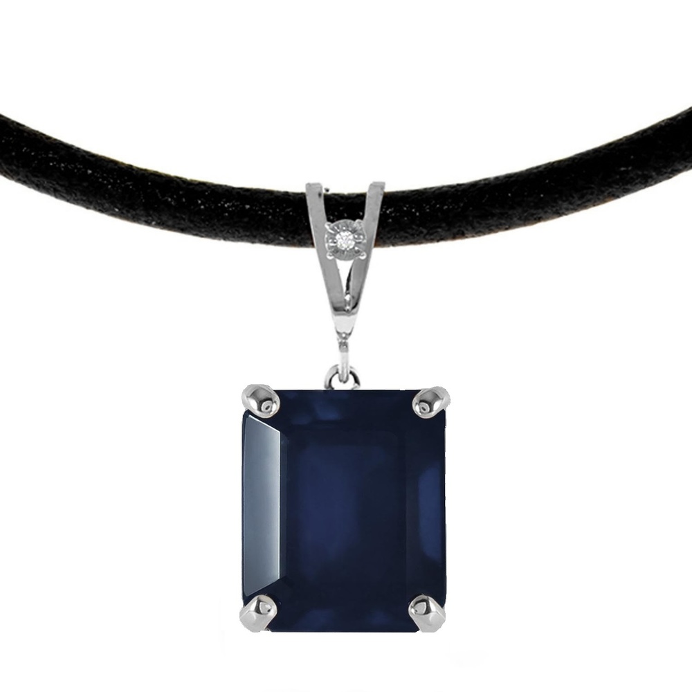 14K. GOLD & LEATHER NECKLACE WITH DIAMOND & SAPPHIRE (White Gold)